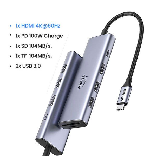 هاب مبدل یوگرین Type C to HDMI +USB 3.0*3 + SD/TF مدل CM195