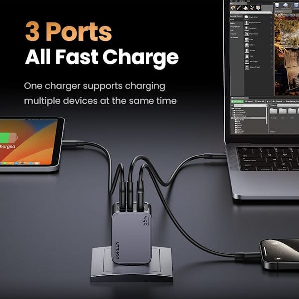 شارژر دیواری 65 وات Nexode Pro با دو پورت USB-C و یک پورت USB-A یوگرین مدل X755 کد 25871 همراه با کابل USB-C