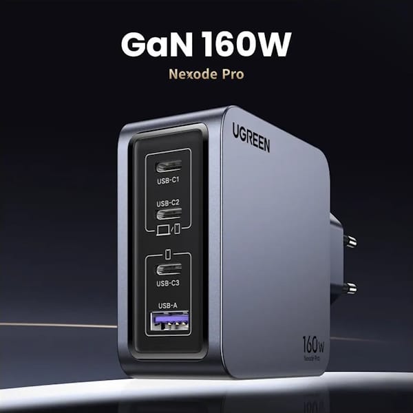 شارژر دیواری 160 وات Nexode Pro سه پورت USB-C و دو پورت USB-A یوگرین مدل X763 کد 25877 همراه با کابل USB-C