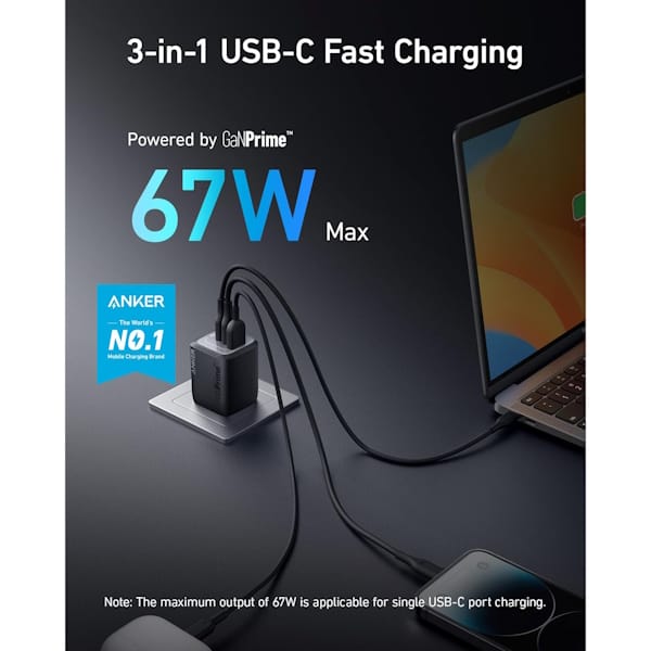 شارژر دیواری 67 وات با دو پورت USB-C و یک پورت USB-A انکر مدل ‌A2669