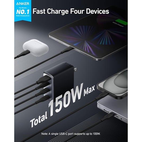 شارژر دیواری 150 وات با سه پورت USB-C و یک پورت USB-A انکر مدل ‌A2340